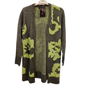 Elena Wang Angora Cardigan‎ Open Front Duster Gray Green Floral S/P Sweater